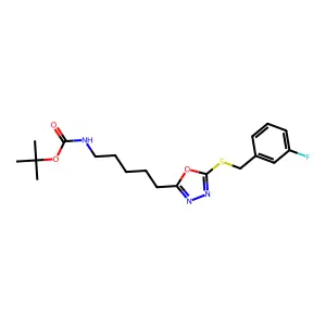 tert-butyl N-[5-[5-[(3-fluorophenyl)methylsulfanyl]-1,3,4-oxadiazol-2-yl]pentyl]carbamate structure