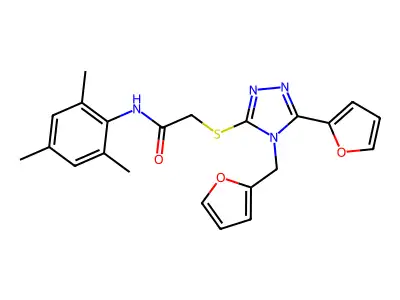 2-{[5-(furan-2-yl)-4-(furan-2-ylmethyl)-4H-1,2,4-triazol-3-yl]sulfanyl}-N-(2,4,6-trimethylphenyl)acetamide structure