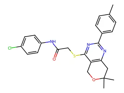 N-(4-chlorophenyl)-2-[[7,7-dimethyl-2-(4-methylphenyl)-5,8-dihydropyrano[4,3-d]pyrimidin-4-yl]sulfanyl]acetamide structure