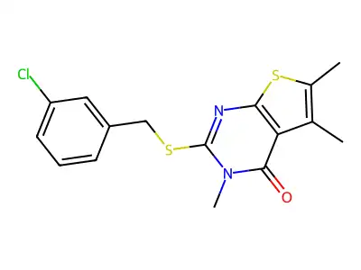 2-[(3-chlorobenzyl)sulfanyl]-3,5,6-trimethylthieno[2,3-d]pyrimidin-4(3H)-one structure
