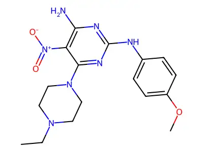 6-(4-ethylpiperazin-1-yl)-2-N-(4-methoxyphenyl)-5-nitropyrimidine-2,4-diamine structure