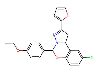 9-chloro-5-(4-ethoxyphenyl)-2-(2-furyl)-1,10b-dihydropyrazolo[1,5-c][1,3]benzoxazine structure