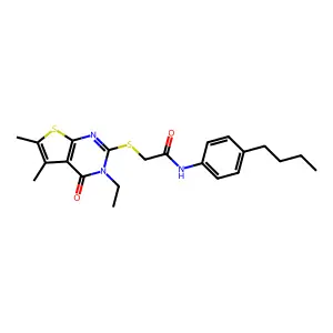 N-(4-Butylphenyl)-2-((3-ethyl-5,6-dimethyl-4-oxo-3,4-dihydrothieno[2,3-d]pyrimidin-2-yl)thio)acetamide structure