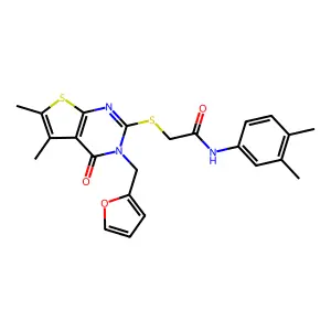 N-(3,4-dimethylphenyl)-2-{[3-(furan-2-ylmethyl)-5,6-dimethyl-4-oxo-3,4-dihydrothieno[2,3-d]pyrimidin-2-yl]sulfanyl}acetamide structure