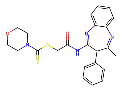 2-[(4-methyl-3-phenyl-3H-1,5-benzodiazepin-2-yl)amino]-2-oxoethyl morpholine-4-carbodithioate structure
