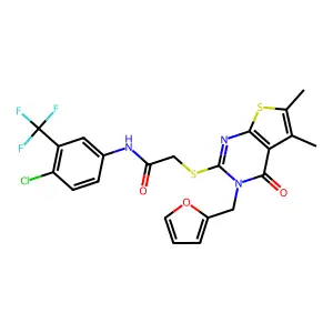 N-[4-chloro-3-(trifluoromethyl)phenyl]-2-{[3-(furan-2-ylmethyl)-5,6-dimethyl-4-oxo-3,4-dihydrothieno[2,3-d]pyrimidin-2-yl]sulfanyl}acetamide structure