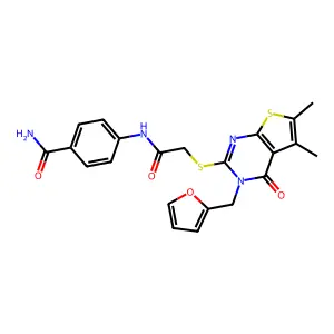 4-[({[3-(furan-2-ylmethyl)-5,6-dimethyl-4-oxo-3,4-dihydrothieno[2,3-d]pyrimidin-2-yl]sulfanyl}acetyl)amino]benzamide structure