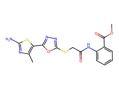 methyl 2-(2-((5-(2-amino-4-methylthiazol-5-yl)-1,3,4-oxadiazol-2-yl)thio)acetamido)benzoate structure
