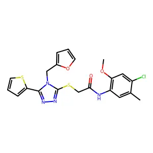 N-(4-chloro-2-methoxy-5-methylphenyl)-2-{[4-(furan-2-ylmethyl)-5-(thiophen-2-yl)-4H-1,2,4-triazol-3-yl]sulfanyl}acetamide structure