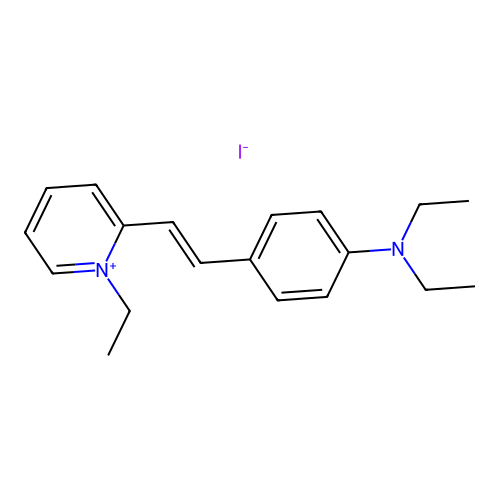 N,N-diethyl-4-[(E)-2-(1-ethylpyridin-1-ium-2-yl)ethenyl]aniline iodide structure