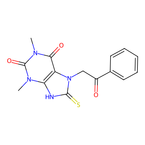 1,3-dimethyl-7-(2-oxo-2-phenylethyl)-8-sulfanyl-3,7-dihydro-1H-purine-2,6-dione structure