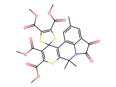 tetramethyl 2',7',7'-trimethyl-4',5'-dioxo-4',5'-dihydro-7'H-spiro[1,3-dithiole-2,11'-pyrrolo[3,2,1-ij]thiopyrano[2,3-c]quinoline]-4,5,9',10'-tetracarboxylate structure