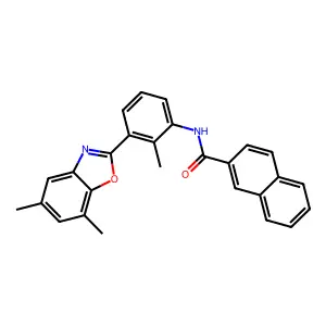 N-[3-(5,7-dimethyl-1,3-benzoxazol-2-yl)-2-methylphenyl]naphthalene-2-carboxamide structure