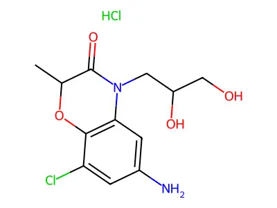 2H-1,4-Benzoxazin-3(4H)-one, 6-amino-8-chloro-4-(2,3-dihydroxypropyl)-2-methyl-, monohydrochloride structure