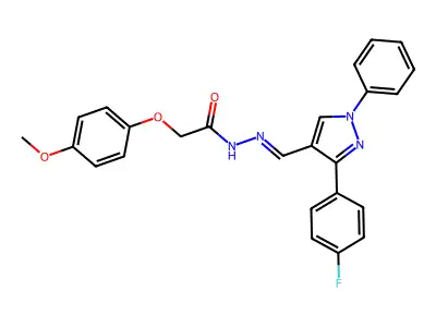N-[(E)-[3-(4-fluorophenyl)-1-phenylpyrazol-4-yl]methylideneamino]-2-(4-methoxyphenoxy)acetamide structure