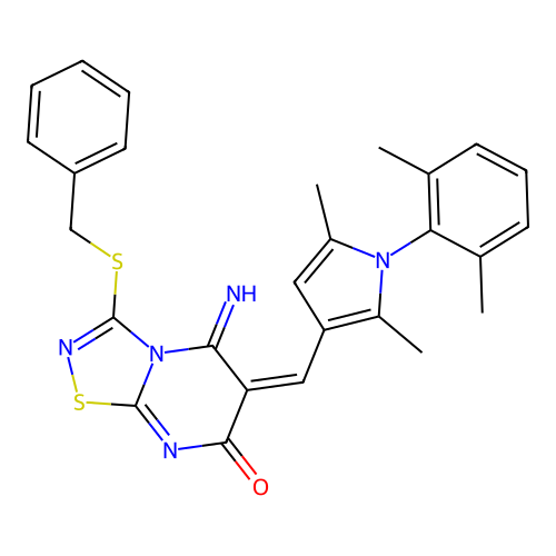 (E)-3-(benzylthio)-6-((1-(2,6-dimethylphenyl)-2,5-dimethyl-1H-pyrrol-3-yl)methylene)-5-imino-5H-[1,2,4]thiadiazolo[4,5-a]pyrimidin-7(6H)-one structure