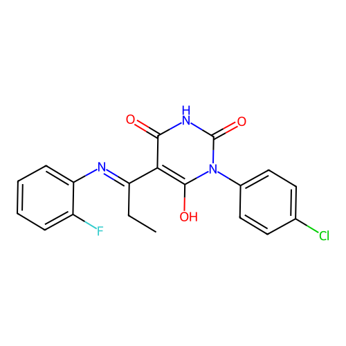 (5E)-1-(4-chlorophenyl)-5-[1-(2-fluoroanilino)propylidene]-1,3-diazinane-2,4,6-trione structure