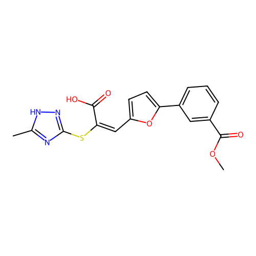 (2E)-3-{5-[3-(methoxycarbonyl)phenyl]furan-2-yl}-2-[(3-methyl-1H-1,2,4-triazol-4-ium-5-yl)sulfanyl]prop-2-enoate structure