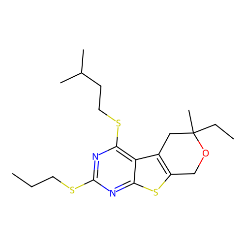 6-ethyl-4-(isopentylthio)-6-methyl-2-(propylthio)-6,8-dihydro-5H-pyrano[4',3':4,5]thieno[2,3-d]pyrimidine structure