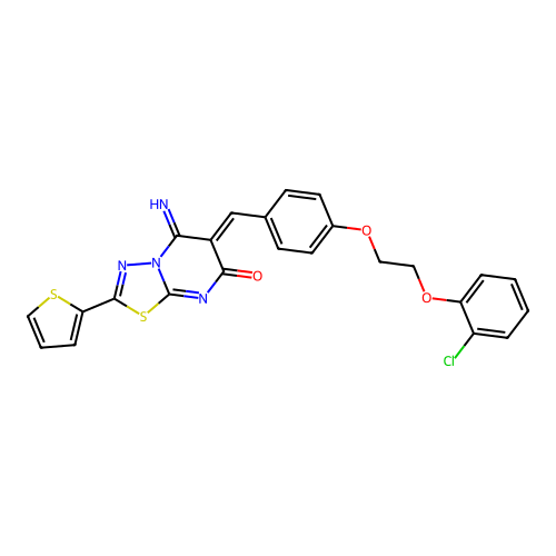 (6Z)-6-[[4-[2-(2-chlorophenoxy)ethoxy]phenyl]methylidene]-5-imino-2-thiophen-2-yl-[1,3,4]thiadiazolo[3,2-a]pyrimidin-7-one structure