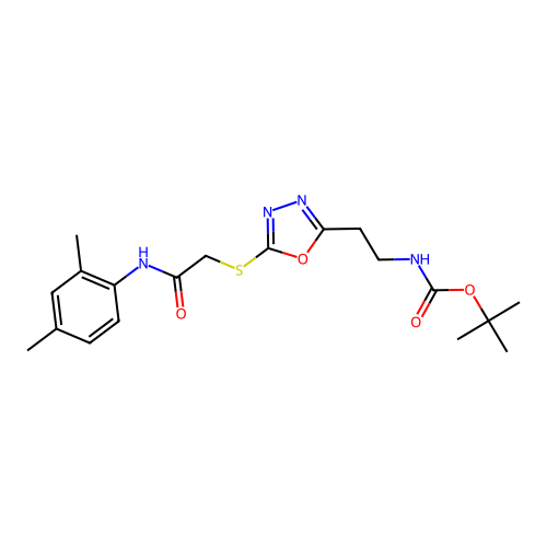 (2-{5-[(2,4-Dimethyl-phenylcarbamoyl)-methylsulfanyl]-[1,3,4]oxadiazol-2-yl}-ethyl)-carbamic acid  tert-butyl ester structure