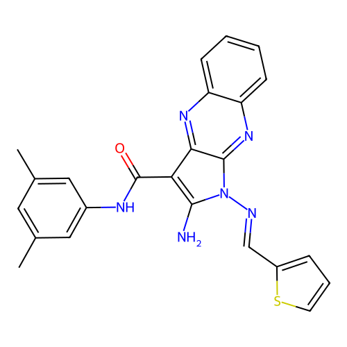 (E)-2-amino-N-(3,5-dimethylphenyl)-1-((thiophen-2-ylmethylene)amino)-1H-pyrrolo[2,3-b]quinoxaline-3-carboxamide structure