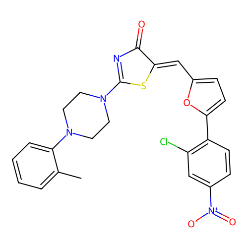 (5Z)-5-[[5-(2-chloro-4-nitrophenyl)furan-2-yl]methylidene]-2-[4-(2-methylphenyl)piperazin-1-yl]-1,3-thiazol-4-one structure