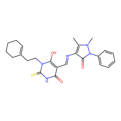 (E)-1-(2-(cyclohex-1-en-1-yl)ethyl)-5-(((1,5-dimethyl-3-oxo-2-phenyl-2,3-dihydro-1H-pyrazol-4-yl)amino)methylene)-2-thioxodihydropyrimidine-4,6(1H,5H)-dione structure