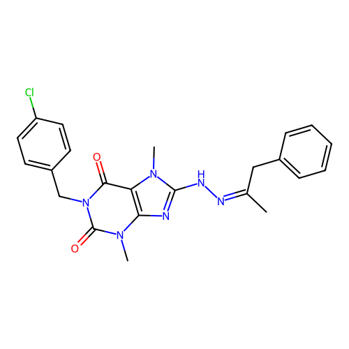 (Z)-1-(4-chlorobenzyl)-3,7-dimethyl-8-(2-(1-phenylpropan-2-ylidene)hydrazinyl)-1H-purine-2,6(3H,7H)-dione structure