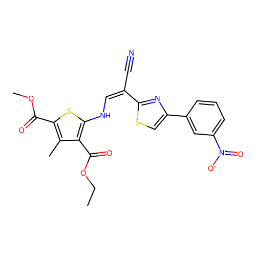 (Z)-4-ethyl 2-methyl 5-((2-cyano-2-(4-(3-nitrophenyl)thiazol-2-yl)vinyl)amino)-3-methylthiophene-2,4-dicarboxylate structure