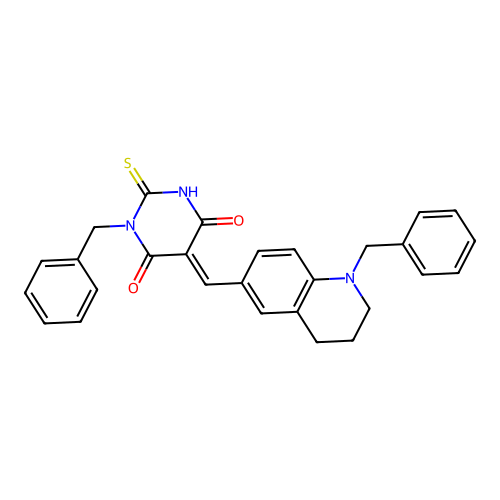 (5E)-1-benzyl-5-[(1-benzyl-1,2,3,4-tetrahydroquinolin-6-yl)methylidene]-2-sulfanylpyrimidine-4,6(1H,5H)-dione structure