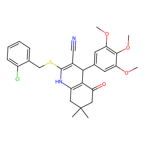 2-[(2-chlorobenzyl)sulfanyl]-7,7-dimethyl-5-oxo-4-(3,4,5-trimethoxyphenyl)-1,4,5,6,7,8-hexahydroquinoline-3-carbonitrile structure
