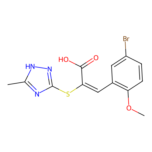 (E)-3-(5-bromo-2-methoxyphenyl)-2-((5-methyl-4H-1,2,4-triazol-3-yl)thio)acrylic acid structure