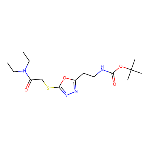tert-butyl (2-(5-((2-(diethylamino)-2-oxoethyl)thio)-1,3,4-oxadiazol-2-yl)ethyl)carbamate structure