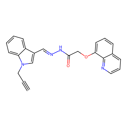 (E)-N'-((1-(prop-2-yn-1-yl)-1H-indol-3-yl)methylene)-2-(quinolin-8-yloxy)acetohydrazide structure
