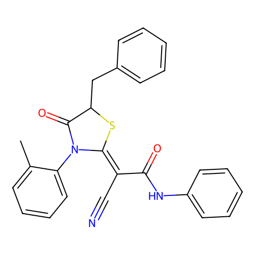 (Z)-2-(5-benzyl-4-oxo-3-(o-tolyl)thiazolidin-2-ylidene)-2-cyano-N-phenylacetamide structure