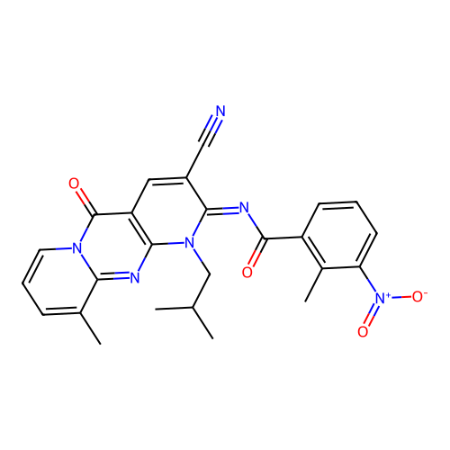 (E)-N-(3-cyano-1-isobutyl-10-methyl-5-oxo-1H-dipyrido[1,2-a:2',3'-d]pyrimidin-2(5H)-ylidene)-2-methyl-3-nitrobenzamide structure
