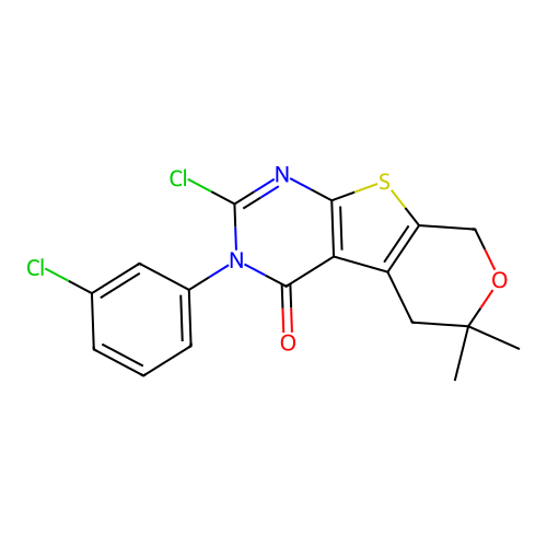 2-chloro-3-(3-chlorophenyl)-6,6-dimethyl-3,5,6,8-tetrahydro-4H-pyrano[4',3':4,5]thieno[2,3-d]pyrimidin-4-one structure
