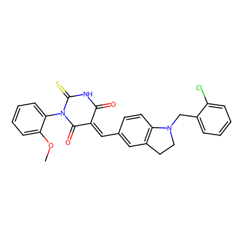 (5E)-5-[[1-[(2-chlorophenyl)methyl]-2,3-dihydroindol-5-yl]methylidene]-1-(2-methoxyphenyl)-2-sulfanylidene-1,3-diazinane-4,6-dione structure