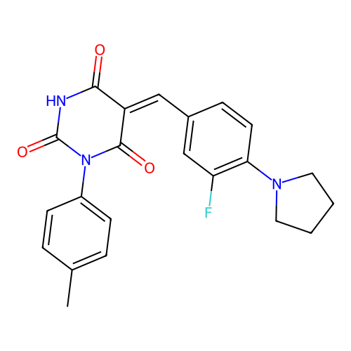 (5Z)-5-[(3-fluoro-4-pyrrolidin-1-ylphenyl)methylidene]-1-(4-methylphenyl)-1,3-diazinane-2,4,6-trione structure