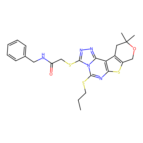 N-benzyl-2-((10,10-dimethyl-5-(propylthio)-10,11-dihydro-8H-pyrano[4',3':4,5]thieno[3,2-e][1,2,4]triazolo[4,3-c]pyrimidin-3-yl)thio)acetamide structure