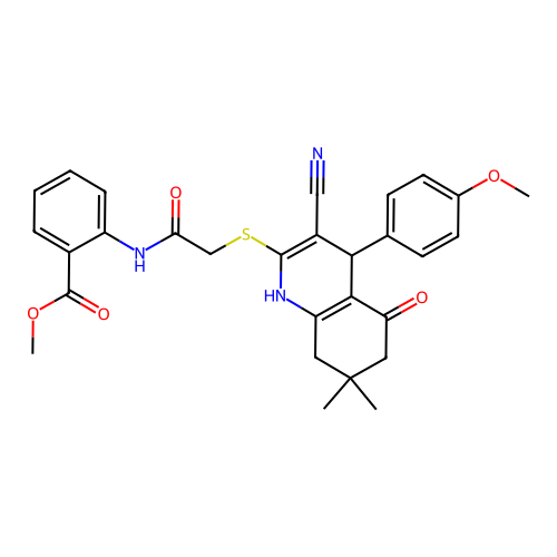 methyl 2-(2-((3-cyano-4-(4-methoxyphenyl)-7,7-dimethyl-5-oxo-1,4,5,6,7,8-hexahydroquinolin-2-yl)thio)acetamido)benzoate structure
