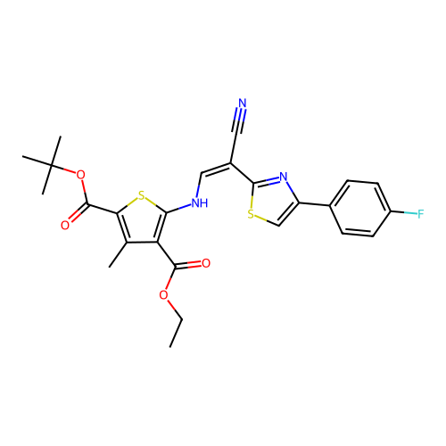 (Z)-2-tert-butyl 4-ethyl 5-((2-cyano-2-(4-(4-fluorophenyl)thiazol-2-yl)vinyl)amino)-3-methylthiophene-2,4-dicarboxylate structure