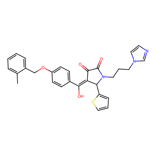 (4E)-4-[hydroxy-[4-[(2-methylphenyl)methoxy]phenyl]methylidene]-1-(3-imidazol-1-ylpropyl)-5-thiophen-2-ylpyrrolidine-2,3-dione structure