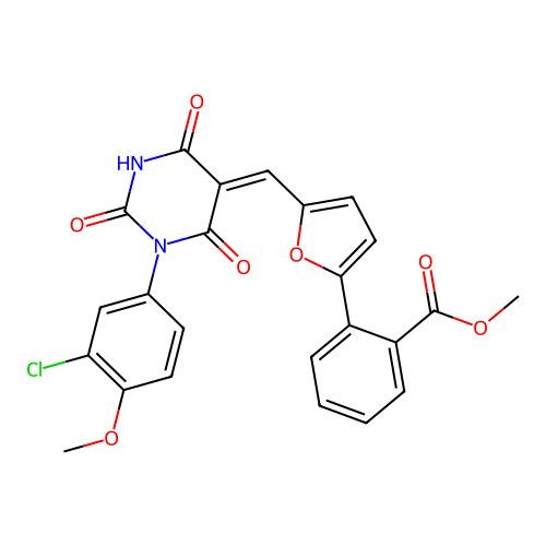 (Z)-methyl 2-(5-((1-(3-chloro-4-methoxyphenyl)-2,4,6-trioxotetrahydropyrimidin-5(2H)-ylidene)methyl)furan-2-yl)benzoate structure