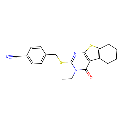 4-(((3-ethyl-4-oxo-3,4,5,6,7,8-hexahydrobenzo[4,5]thieno[2,3-d]pyrimidin-2-yl)thio)methyl)benzonitrile structure