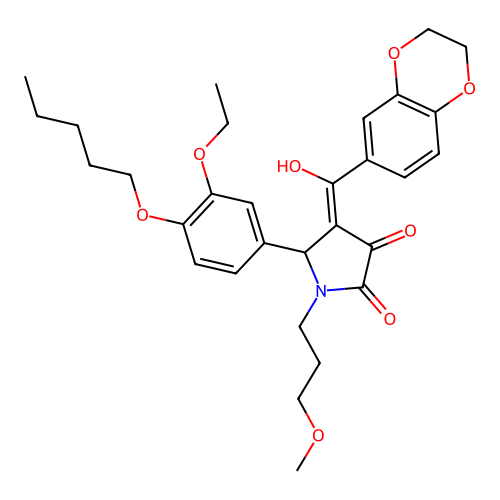 (4E)-4-[2,3-dihydro-1,4-benzodioxin-6-yl(hydroxy)methylidene]-5-(3-ethoxy-4-pentoxyphenyl)-1-(3-methoxypropyl)pyrrolidine-2,3-dione structure