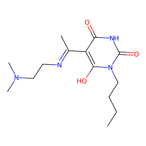 1-butyl-5-[1-(2-dimethylaminoethylamino)ethylidene]-1,3-diazinane-2,4,6-trione structure