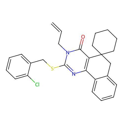 3-allyl-2-((2-chlorobenzyl)thio)-3H-spiro[benzo[h]quinazoline-5,1'-cyclohexan]-4(6H)-one structure