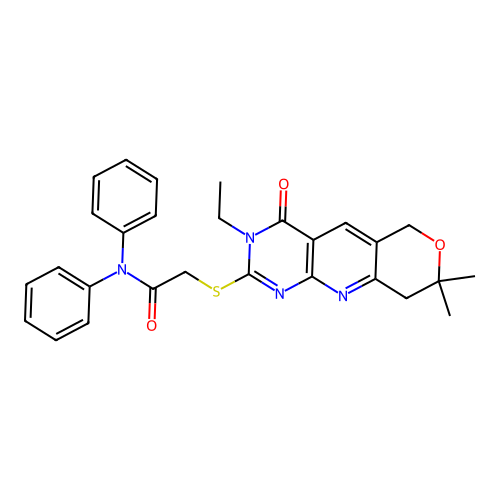 2-((3-ethyl-8,8-dimethyl-4-oxo-4,6,8,9-tetrahydro-3H-pyrano[3',4':5,6]pyrido[2,3-d]pyrimidin-2-yl)thio)-N,N-diphenylacetamide structure